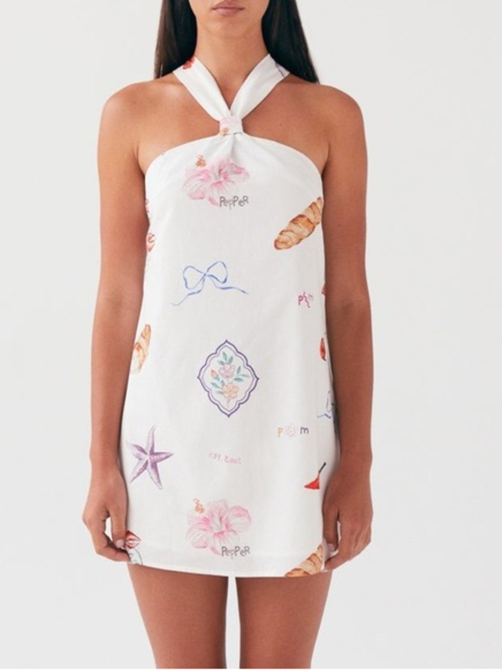 Peppermayo White Halter Mini Dress with Pastel Motifs